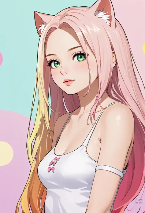 random hot and busty korean catgirl, cat ears, pastel color palette, no background, pastel background, colorful background, 