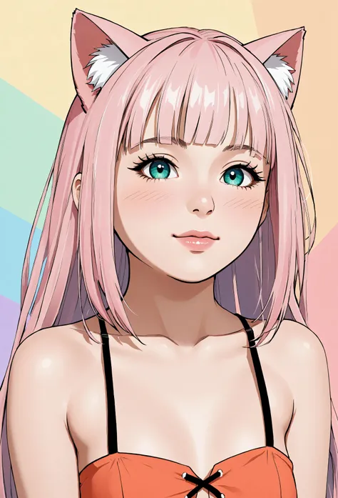 random hot and busty korean catgirl, cat ears, pastel color palette, no background, pastel background, colorful background, 