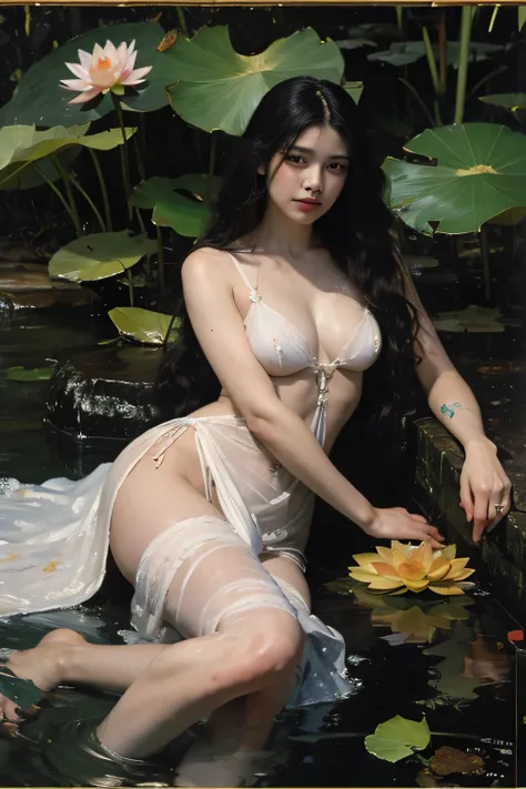 (oil painting:1.5), \\ a woman with (long red curtly hair ), is lie on the ground, lotus, in water, (amy sol:0.248) with dress, (stanley artgerm lau:0.106), (a detailed painting:0.353), (gothic art:0.106)
