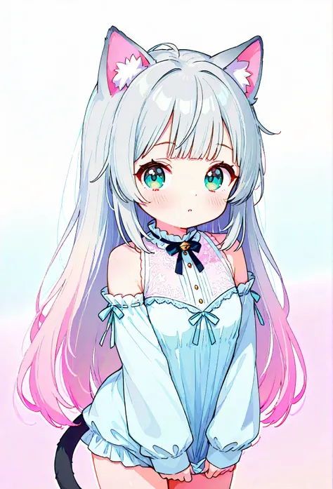 random hot and busty korean catgirl, cat ears, pastel color palette, no background, pastel background, colorful background, 