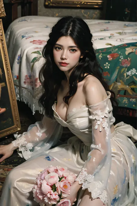 (oil painting:1.5),
\\
a woman with (long curtly hair ), ((green eyes)) is lie on the ground, peony, (amy sol:0.248),  with  dress,  (stanley artgerm lau:0.106), (a detailed painting:0.353), (gothic art:0.106)