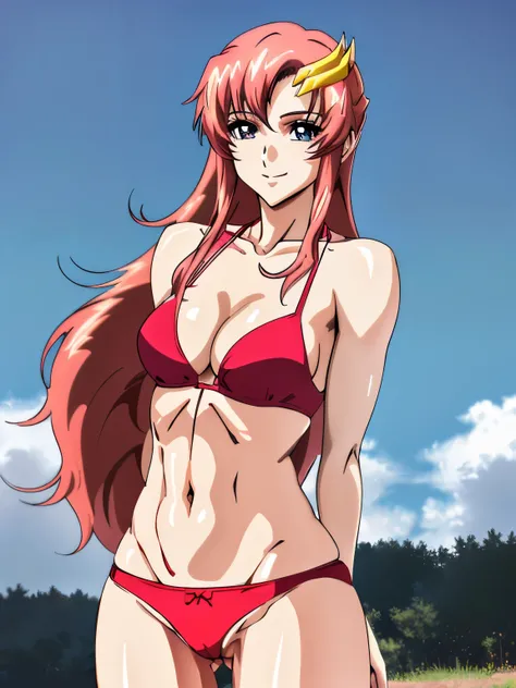 lacus4, (red bikini:1.5), (looking at the viewer:1.1), (abdsurdres:1.4), (tiny thong:1.1), (tall girl:1.3), (tiny biceps:1.1), (face details:1.1), masterpiece, (cowboy shot:1.5), very slim shoulders, 4K, (Best Quality:1.7), (Anime style:1.5), happy, Adult ...