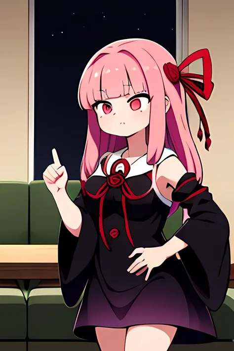 (A woman standing up with three fingers),kotonoha akane,((hanging eye)),Small eyes,red eyes, iris,(A single fang),round face,hair ribbon,long hair,pink hair,(((big breast))),(chubby),(((black dress:1.5))), detached sleeves, wide sleeves, bare shoulders ,se...
