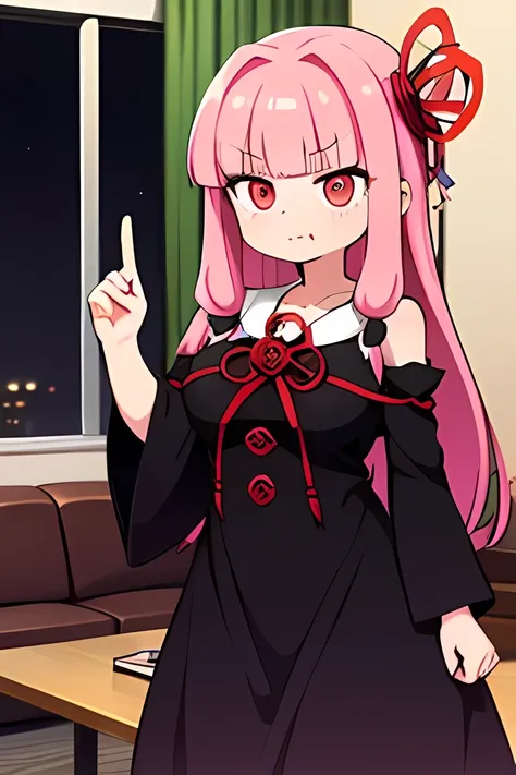(A woman standing up with three fingers),kotonoha akane,((hanging eye)),Small eyes,red eyes, iris,(A single fang),round face,hair ribbon,long hair,pink hair,(((big breast))),(chubby),(((black dress:1.5))), detached sleeves, wide sleeves, bare shoulders ,se...