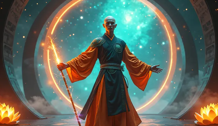 Create a striking digital artwork of a futuristic Shaolin monk, crafted to captivate buyers. The monk stands in a dynamic crane pose—one leg raised, arms outstretched—his lean form clad in a sleek, high-tech robe of matte black and neon orange, its fabric ...