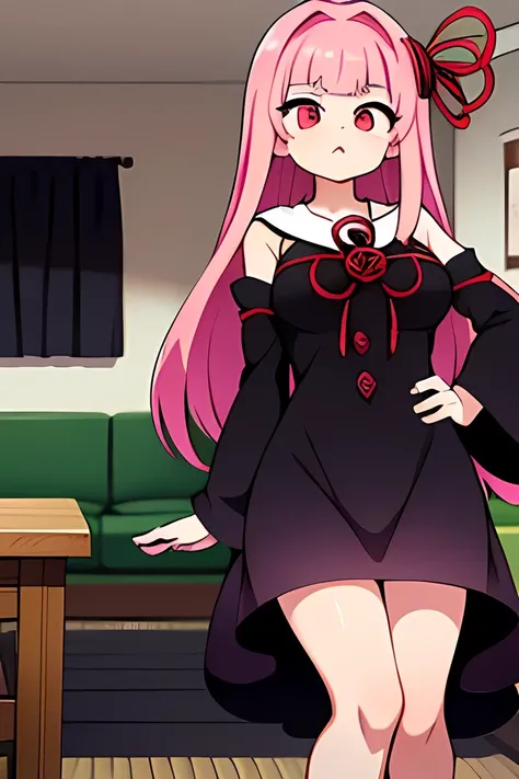 (hand on hip),kotonoha akane,((hanging eye)),Small eyes,red eyes, iris,(A single fang),round face,hair ribbon,long hair,pink hair,(((big breast))),(chubby),(((black dress:1.5))), detached sleeves, wide sleeves, bare shoulders ,serious face,closed mouth,ind...