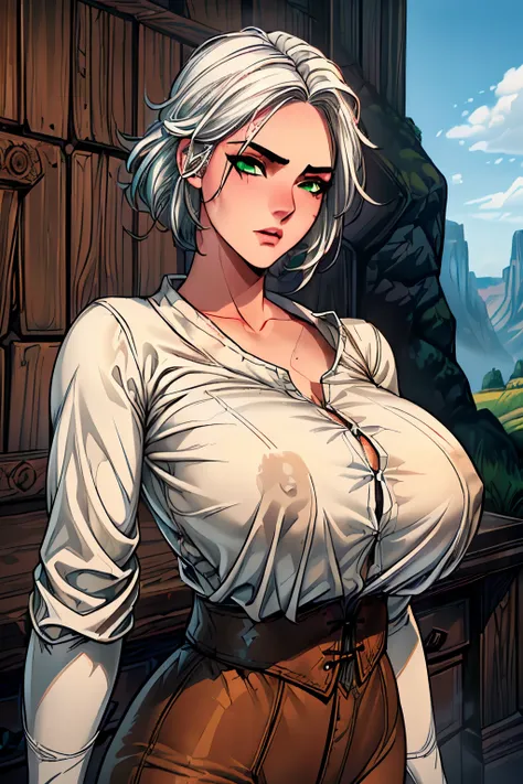 (masterpiece, best quality:1.2), ((expressive eyes, perfect face, highres, 1girl, solo, W3Ciri, white hair, green eyes, scar on face, big breasts, white shirt, long sleeves, (brown pants), naked)), serious face, landscape, standing, upper body, portrait, l...