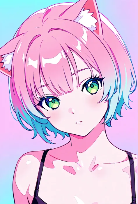 random hot and busty korean catgirl, cat ears, pastel color palette, no background, pastel background, colorful background,