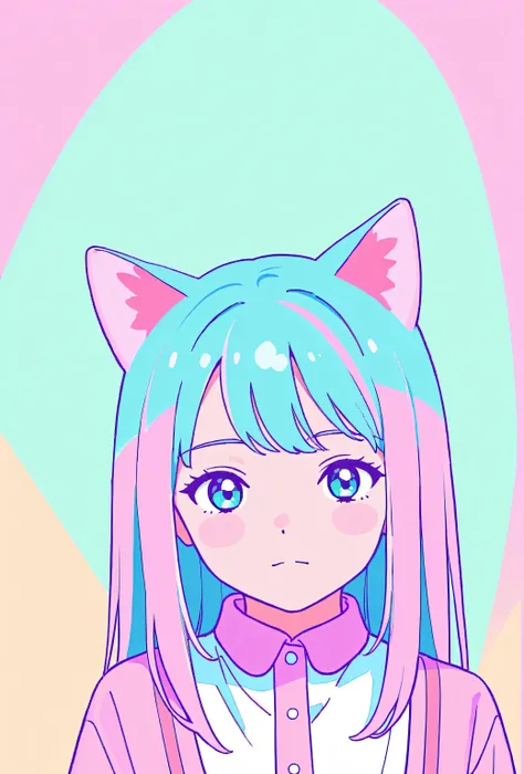 random hot and busty korean catgirl, cat ears, pastel color palette, no background, pastel background, colorful background,