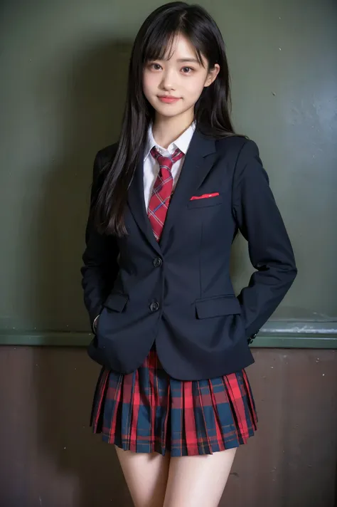 Girl Standing in School Classroom , red tie uniform , dark blue blazer ,blue plaid skirt,18 years old,bungs, small smiles , thighs,knees,from below