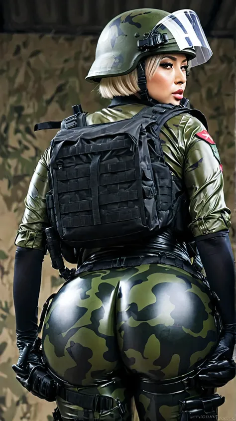 a contractor girls, Japanese and Russian facial features, white french bob haircut, wearing full black equip militar latex camouflage, chest rig tactical vest, ballistic helmet with face shield, fully dressed, with a large military backpack, voluptuous bod...