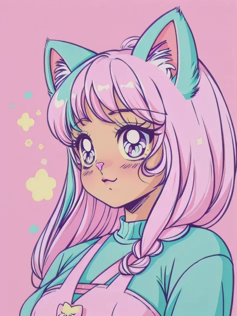 random hot and busty korean catgirl, cat ears, pastel color palette, no background, pastel background, colorful background, 

