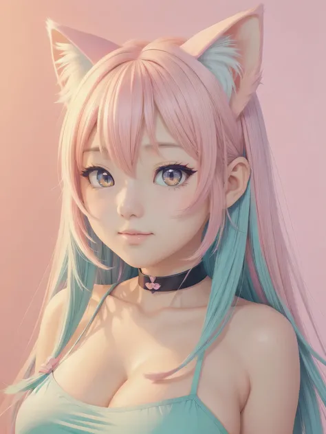 random hot and busty korean catgirl, cat ears, pastel color palette, no background, pastel background, colorful background, cartoonish character, illusrated anime, 
