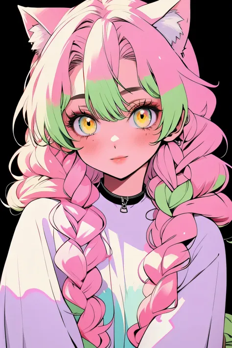 random hot and busty korean catgirl, cat ears, pastel color palette, no background, pastel background, colorful background, 