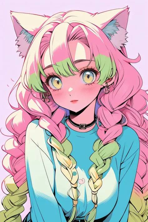 random hot and busty korean catgirl, cat ears, pastel color palette, no background, pastel background, colorful background, 