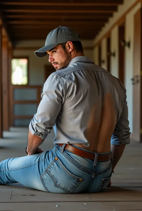 clear photo, no blur, realistic, 35-year-old muscular (((athletic man))) crawling on the floor nalgon, focused body, spread ass, view From below,  on his back, light gray Oxford shirt de cuadros and very tight light blue jeans, brown belt, in profile, Big ...