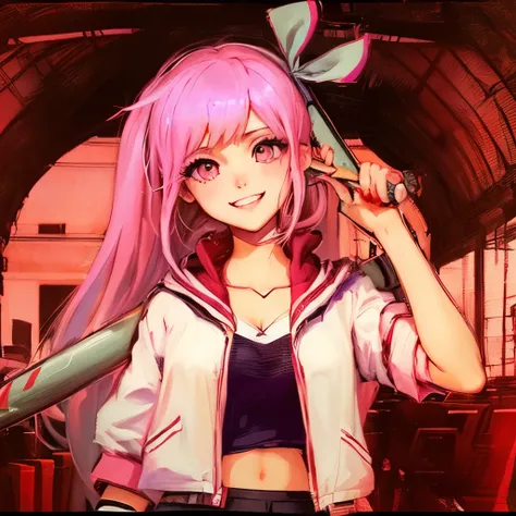 Anime girl with pink hair holding a baseball bat, gapmoe Yandere, gapmoe Yandere sombrio, Humanoid pink female squid girl , Yandere,  digital art of Danganronpa , Chiaki Mi from Danganronpa, 2d anime style, Yandere. high, [[[[ smiling maliciously ]]]]