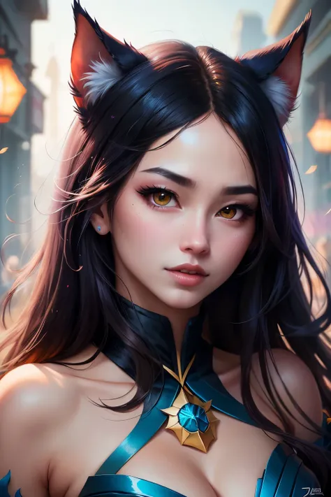 há uma mulher que está em pé diante de uma multidão, seraphine ahri kda, modelo ig | germe de arte, kda, retrato de ahri, ahri, extremely detailed germe de arte, style germe de arte, arte oficial da splash, ! dream germe de arte, por Yang J, germe de arte ...