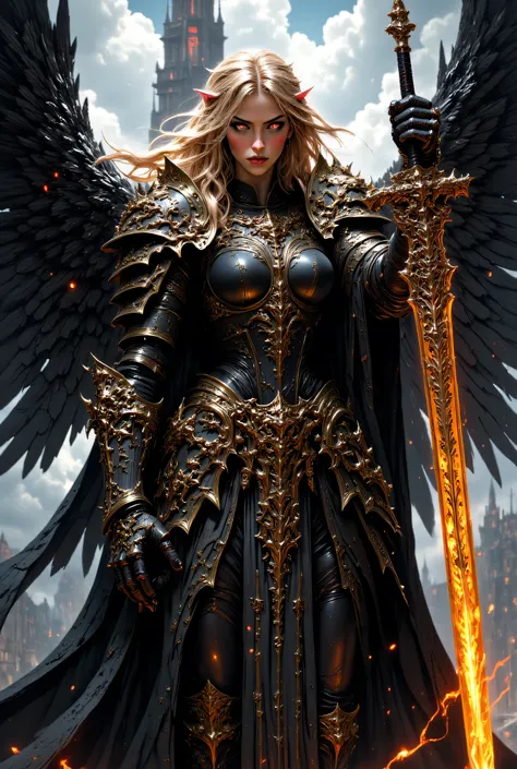 This high-quality digital artwork depicts a fierce, armored female warrior angel with long, flowing golden hair, holding an intricate glowing, runed yellow long sword. She has large, black wings and is clad in intricately designed, dark metal armor that co...