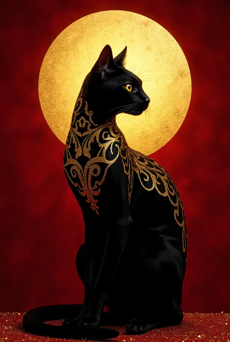 Contemporary luxury interpretation of the classic Le Chat Noir poster featuring a bold geometric black cat silhouette enhanced with art deco inspired golden filigree patterns along its profile set against a rich crimson velvet textured background with a pe...