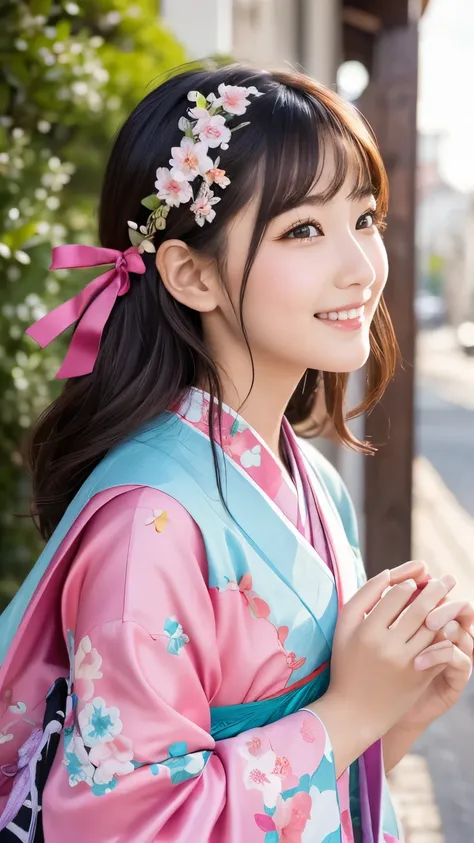 ((Top Quality)),((masterpiece)),(please be familiar),perfect faces,4K,girls,cute,smile, kimono,cherry tree at the entrance ceremony,4 young men taking pictures in their room on a spring day ,Graceful Standing Position, Detailed Beautiful Eyes ,petals flutt...