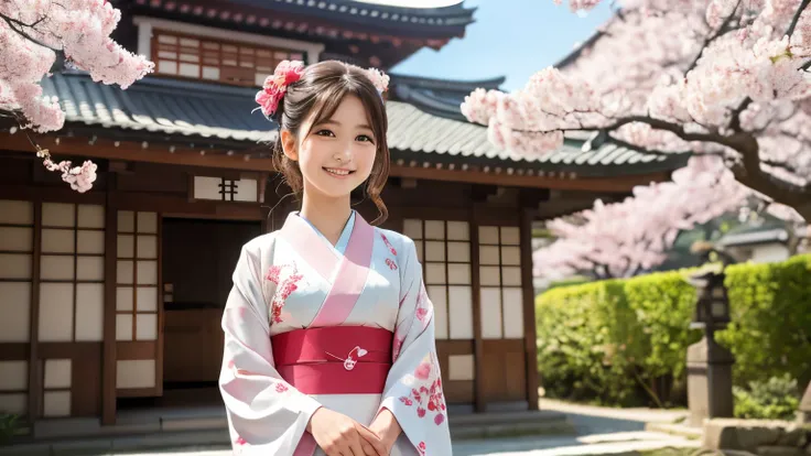 ((Top Quality)),((masterpiece)),(please be familiar),perfect faces,4K,girls,cute,smile, kimono,cherry tree at the entrance ceremony,vivid,natural light,Delicate,Elegant,Traditional Japanese architecture,spring,portrait