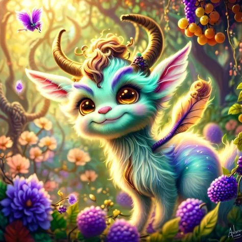 whimsical airbrush and oil painting, best angle of a Very cute realistic adorable mythical graceful transparent anthropomorphic furry purple A Faun. Faun spirit. Magical atmosphere. Mystical garden where grapes thre grows in a professional photograph by Aw...