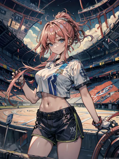 perfect anatomy, correct body, earring, huge breasts, narrow waist, short hair, wavy hair, hair behind ear, half updo, black hair, looking at viewer, cowboy shot, crop top, shorts, sports uniform, stadium,