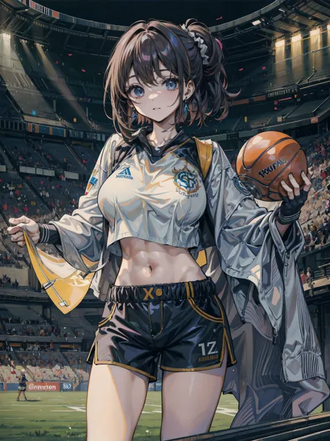 perfect anatomy, correct body, earring, large breasts, narrow waist, short hair, wavy hair, hair behind ear, half updo, black hair, looking at viewer, cowboy shot, crop top, shorts, sports uniform, stadium,