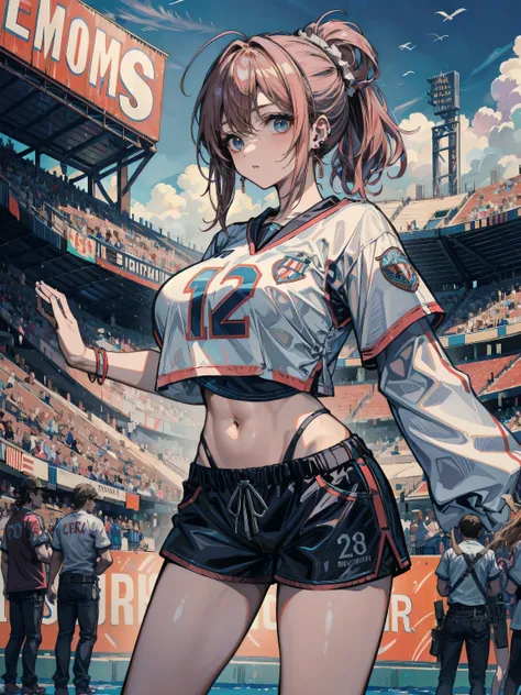 perfect anatomy, correct body, earring, huge breasts, narrow waist, short hair, wavy hair, hair behind ear, half updo, black hair, looking at viewer, cowboy shot, crop top, shorts, sports uniform, stadium,