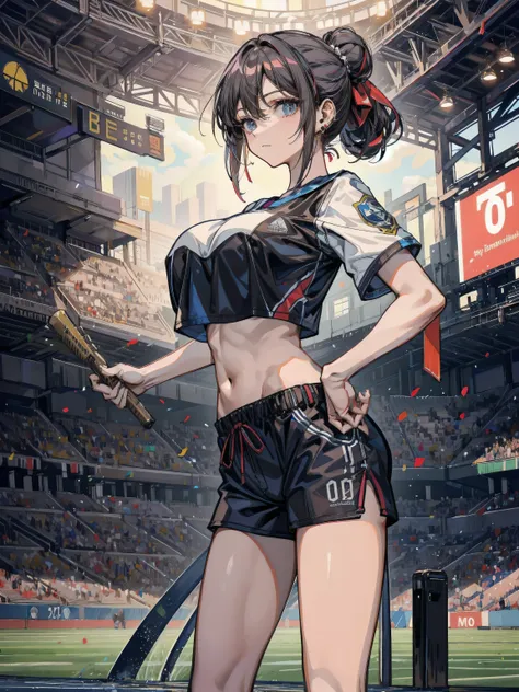 perfect anatomy, correct body, earring, huge breasts, narrow waist, short hair, wavy hair, hair behind ear, half updo, black hair, looking at viewer, cowboy shot, crop top, shorts, sports uniform, stadium,