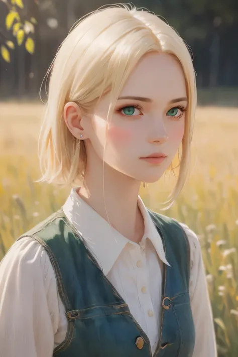 (best quality,4K,8k,High range,MASTER PART:1.2),Super Detail,(realistic,photoreal,photorealistic:1.37),A close-up of a confident blonde woman、Green eyes and pale skin.She shows off her short blonde hair, She stares at the viewer with a defiant expression. ...