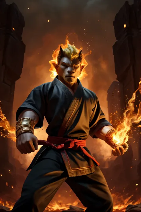 sispack male no clothes, yellow hair, celana trousers with an ancient pattern, 10 big gold ring bracelets on both hands, a martial arts expert's stance. Fire aura effect, fire particles, fire with dark light HD, Ring martial arts. Iron bracelet martial art...