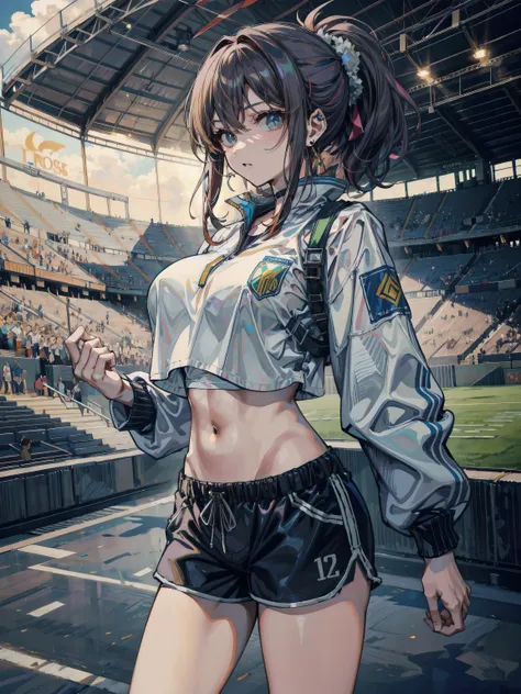 perfect anatomy, correct body, earring, large breasts, narrow waist, short hair, wavy hair, hair behind ear, half updo, black hair, looking at viewer, cowboy shot, crop top, shorts, sports uniform, stadium,