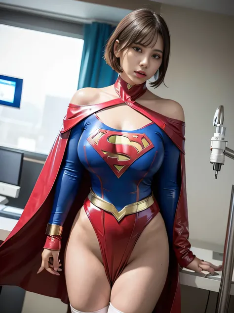 masterpiece、Latex Supergirl Costume、Off Shoulder、Ultra short hair、Big, Fuller Breasts、shiny sweaty skin、face to face、choker、Provocative cleavage 、 Long Sleeve、cloak、Obscene thighs、Close up shot of a young slutty supergirl undergoing a biopsy with laborator...