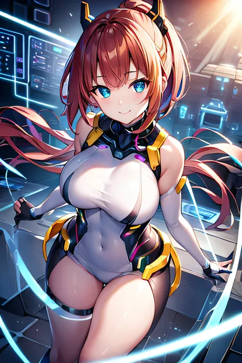  Glowing Cyber Girl with Cybernetic Arms ,(transparent costume:1.3, )Standing on an abandoned battlefield.Surrounded by a network of wires. Surrounded by circuits. ( Cyber Girl with a Submachine Gun :1.3), shiny light brown and orange striped shorthair sta...