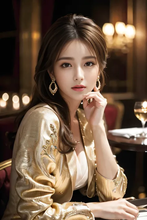 masterpiece, Highest quality, Realistic, Very detailed, Finer details, High resolution, 8k wallpaper, One beautiful woman, wear an elegant suit, In a great restaurant, At night, Light brown messy hair, Perfect dynamic composition, Beautiful and beautiful e...