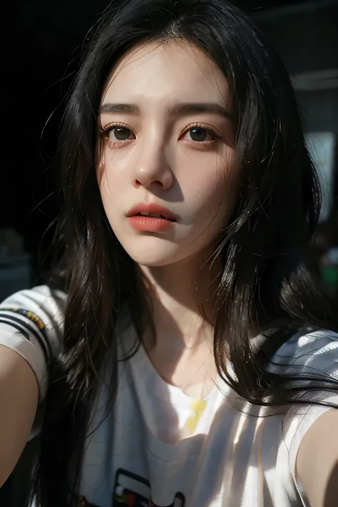 Beautiful woman in t shirt taking a selfie,erotic facial expressions,long black hair,candid,photorealistic,8K,high resolution,physically-based rendering,extreme detail,professional,vivid colors,dramatic lighting,moody atmosphere,cinematic,chiaroscuro
