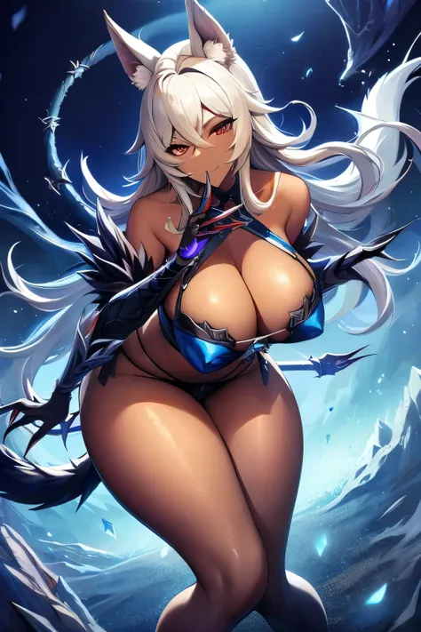 Mature Woman (milf),,,,,dark skin,,,,,,,, (Dark skin),long blond hair, red eyes,  wolf ears and tail, big boobs, big thighs, 😈 sadistic, perfect face,blue ice armor , Ice Claws, Ice Thorns ,DonMGl00my1c3,  showing the claws , hand in mouth, focus on the fa...