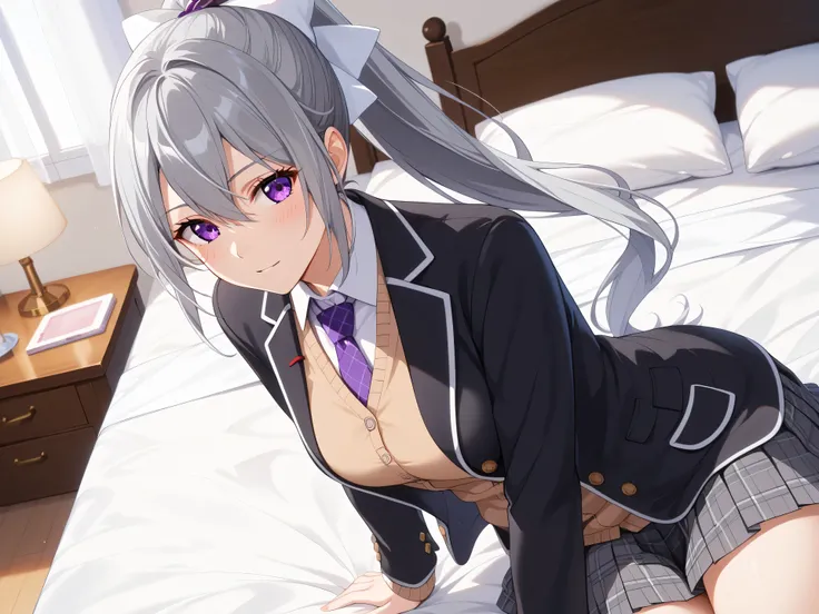 1woman,best quality,ultra-detailed,high resolution,extremely detailed CG,unity 8k wallpaper,score_9, score_8_up, score_7_up, source_anime,hk1, purple eyes, grey hair, hair between eyes, long hair,ponytail, bow, white bow,shirt, cardigan, jacket, black jack...