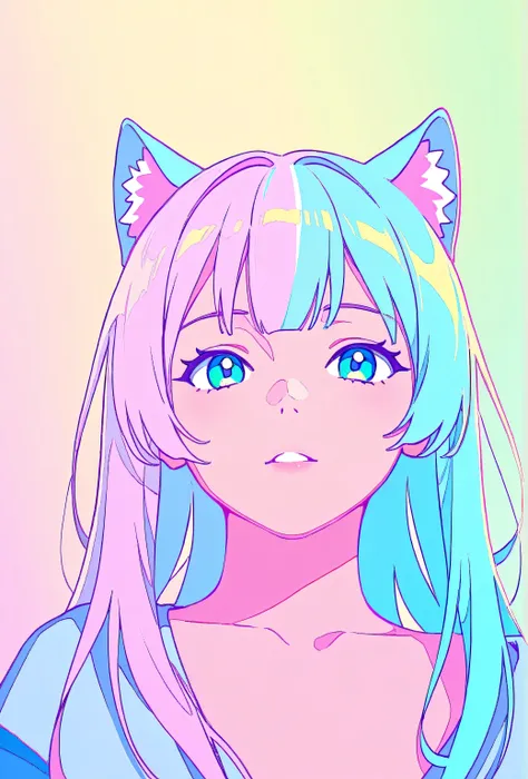 random hot and busty korean catgirl, cat ears, pastel color palette, no background, pastel background, colorful background,