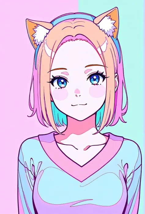random hot and busty korean catgirl, cat ears, pastel color palette, no background, pastel background, colorful background,