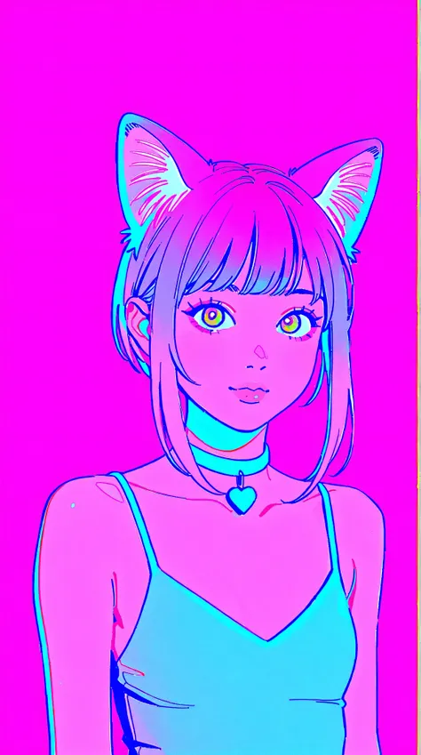 random hot and busty korean catgirl, cat ears, pastel color palette, no background, pastel background, colorful background, 