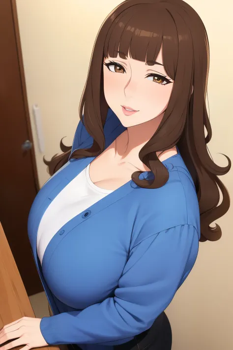 milf woman, milf, Mature woman, dressed,  brown hair, brown eyes, passion, long hair, mature body , wavy hair,  long bangs , mamelons pointues, Hentai only