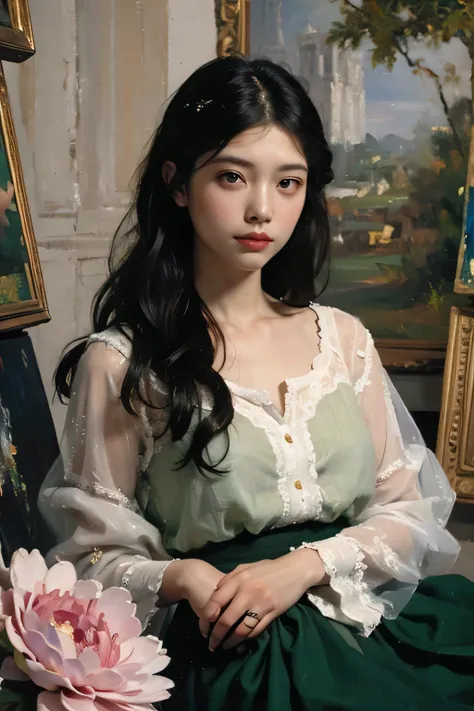 (oil painting:1.5),
\\
a woman with (long curtly hair ), ((green eyes)) is lie on the ground, peony, (amy sol:0.248), with  dress,  (stanley artgerm lau:0.106), (a detailed painting:0.353), (gothic art:0.106)