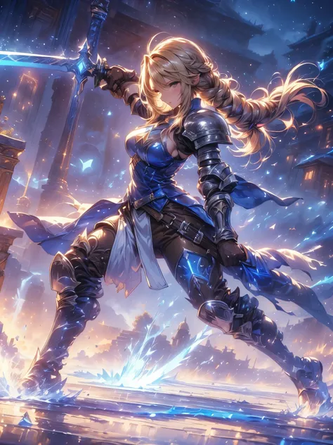 (Agrias Oaks\(Final Fantasy Tactics\),score_9, score_8_Excellent, score_7_Excellent, 32K ,detailed depiction 、 A Girl Holding a Sword Destroys, Luxurious Sword, blonde hair, and a braided ponytail with a stetoscope syringe ,brown eyes,shoulder armor, arm...
