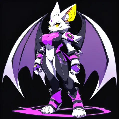 Anime, ((anime style)), ((solo)), ((solo picture)), alone, simple shading, ((full body picture)), ((plush build)), ((wearing a stylized black and purple outfit)), ((Outfit with neon accents)), ((female Anthro bat)), ((Tall with large round breasts)), ((tal...