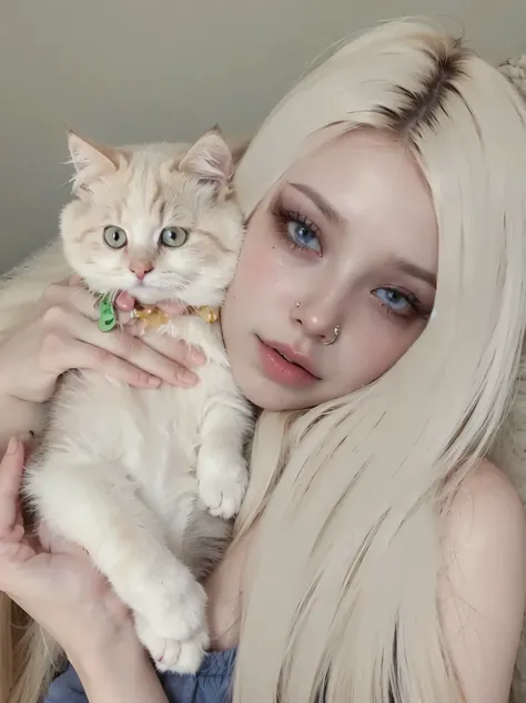 blond haired girl holding a cat, realistic picture