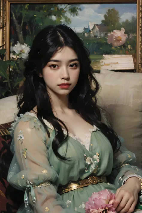 (oil painting:1.5),
\\
a woman with (long curtly hair ), ((green eyes)) is lie on the ground, peony, (amy sol:0.248), with  dress,  (stanley artgerm lau:0.106), (a detailed painting:0.353), (gothic art:0.106)