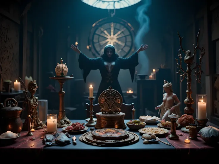 dark magic, without a person, modern witchcraft,  witchcraft table, magical power energy, witch attributes and figurines,  Magic symbols , 8k,  mystical atmosphere,  magical atmosphere, ultra details,